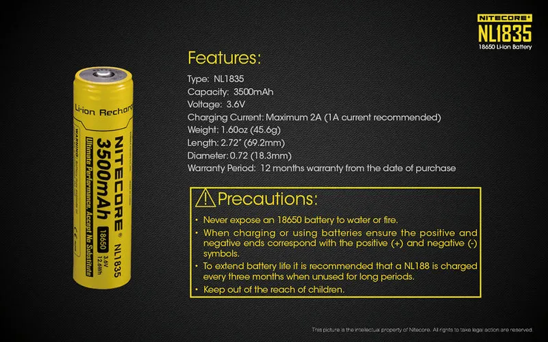 NiteCore Li-Ion-Akku 18650 - 3500mAh, 3,7V - NL1835 PCB geschützt