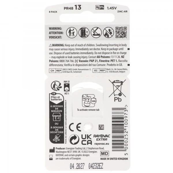Rayovac HA13 PR48 Hörgeräte Batterien Extra Advanced 8er Sparpack 6 + 2 Gratis 5000252100973, Lieferung besteht aus 8 Stück Batterien