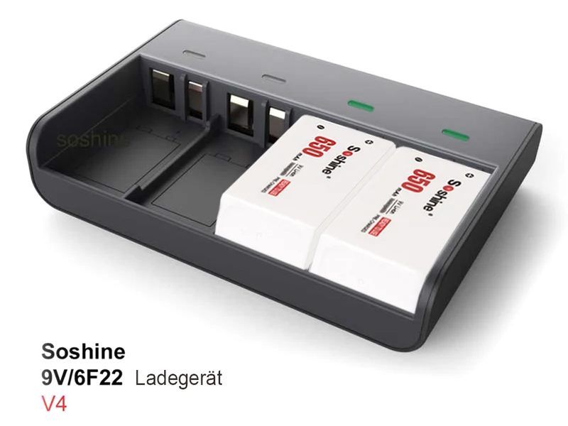 Soshine V4 9V Block-Akkulader mit 4 Schächten für NiMH, Li-Ion & LiFePO4