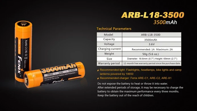 Fenix 18650 Li-Ion-Akku 3500mAh, 3,6V - 3,7V ARB-L18-3500 (Pluspol erhöht, geschützt)