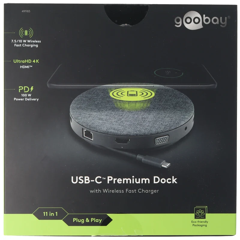 Goobay USB-C 11 in 1 Multiport Dock mit Wireless Fast Charging, vereint die gängigsten Anschlüsse, Stromabgabe 100 W, edle Stoffverzierung