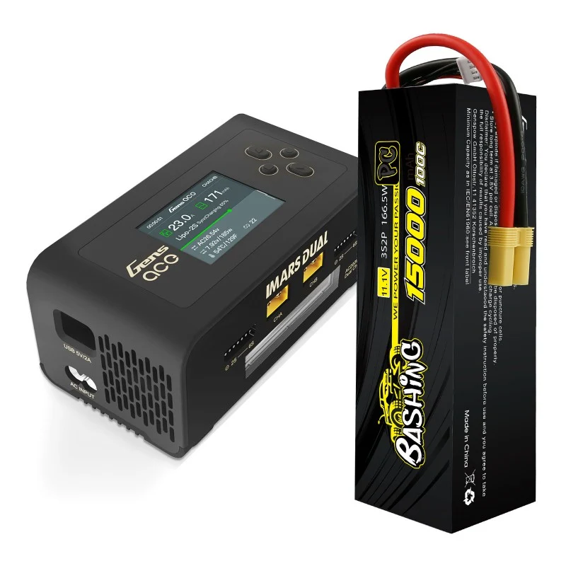 Gens Ace Bashing 3S 15000mAh 11,1V 100C 3S2P Lipo + Imars Dual Channel AC200 W RC-Akkuladegerät