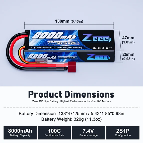 Zeee 2S 8000mAh 7,4V 100C Hardcase Dean Lipo Akku