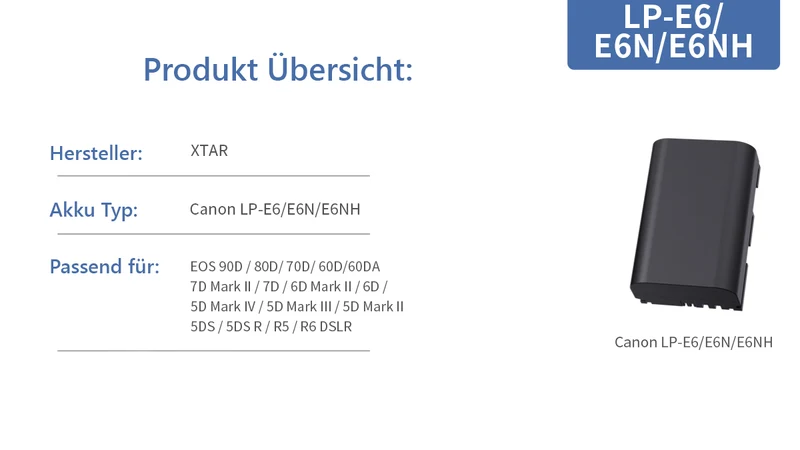 Xtar Kamera - Akku 7,2V 2040mAh 14,7Wh LP-E6NH Canon