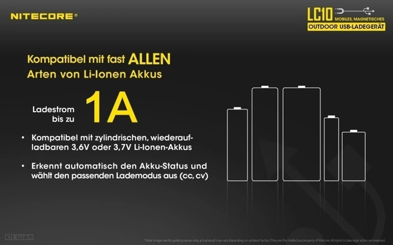 Nitecore LC10 kompaktes Reise-Ladegerät für Zylindrische Li-Ionen Akkus