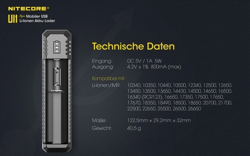 Nitecore Ui1 - USB Ein Schacht-Ladegerät für Lithium Ionen Akkus