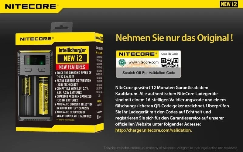 Nitecore NEW i2 - Ladegerät für Li-Ion, LiFePo, Ni-MH, Ni-CD Akkus (Neue Version)
