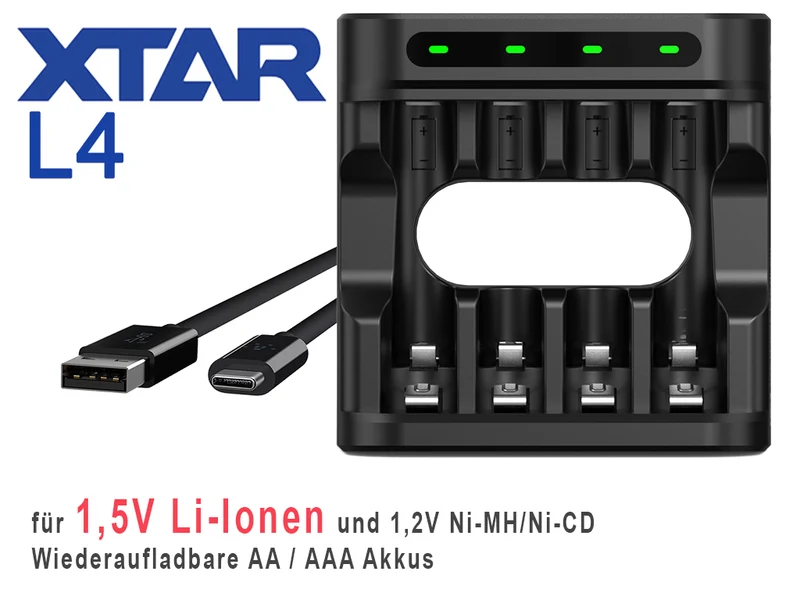 Xtar L4 – Ladegerät, incl. AA (Mignon) LR6 1,5V Li-Ion Akkus mit Akku-Wechselanzeige