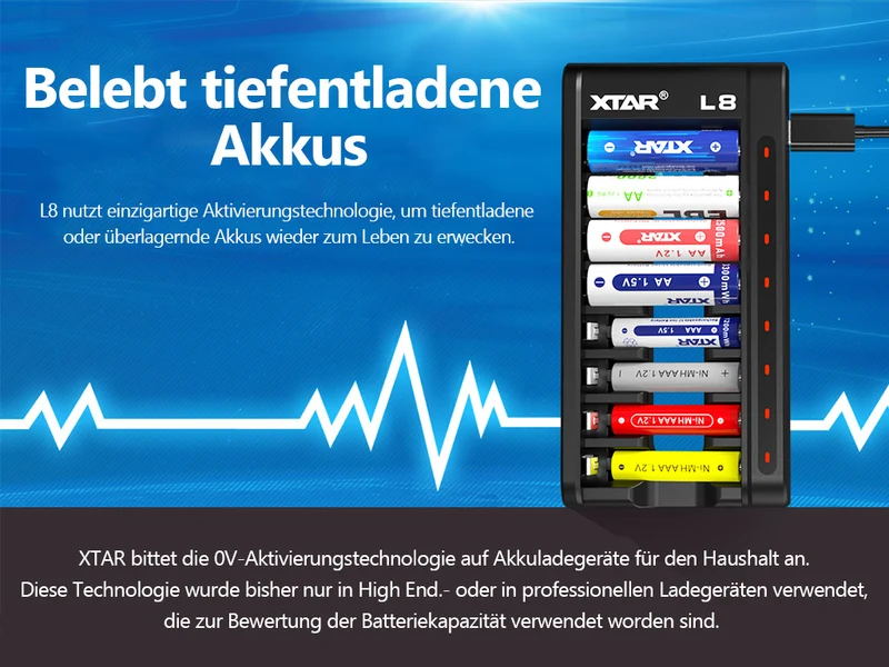 Xtar L8 – Ladegerät + 16x AA (Mignon) LR6 1,5V Li-Ion Akkus