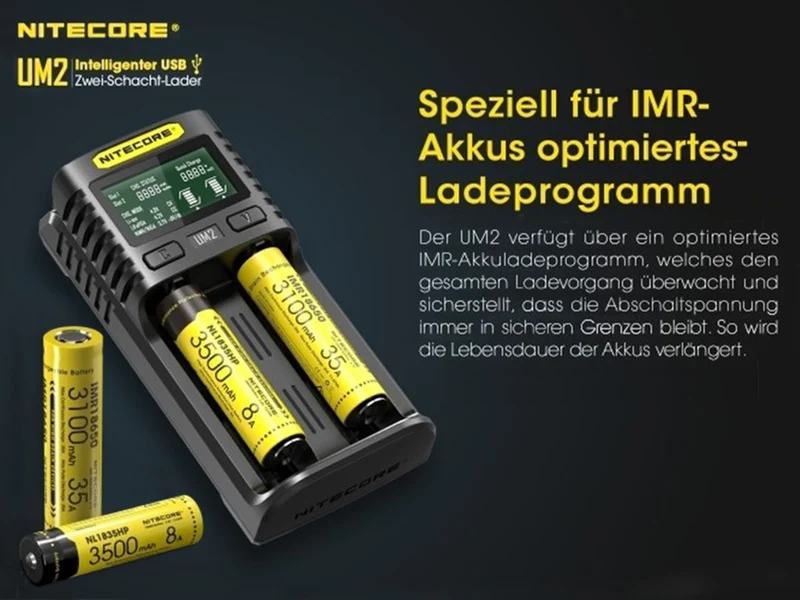 Nitecore UM2 - intelligentes 2 - Schacht USB Ladegerät für Li-Ion, LiFePo4, Ni-MH, Ni-CD Akkus