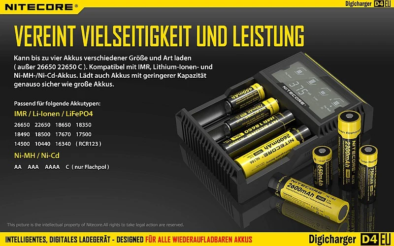 Nitecore Sysmax Digicharger D4 EU - intelligentes Ladegerät für Li-Ion, LiFePo4, Ni-MH, Ni-CD Akkus