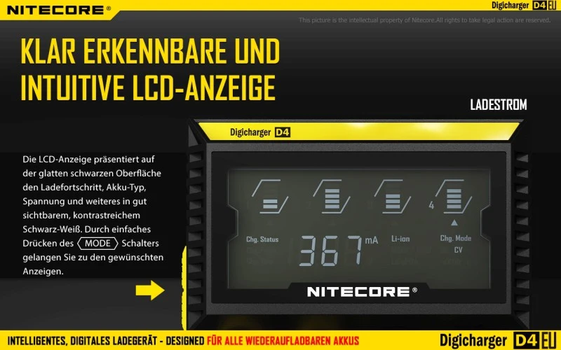 Nitecore Sysmax Digicharger D4 EU - intelligentes Ladegerät für Li-Ion, LiFePo4, Ni-MH, Ni-CD Akkus
