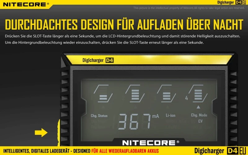 Nitecore Sysmax Digicharger D4 EU - intelligentes Ladegerät für Li-Ion, LiFePo4, Ni-MH, Ni-CD Akkus