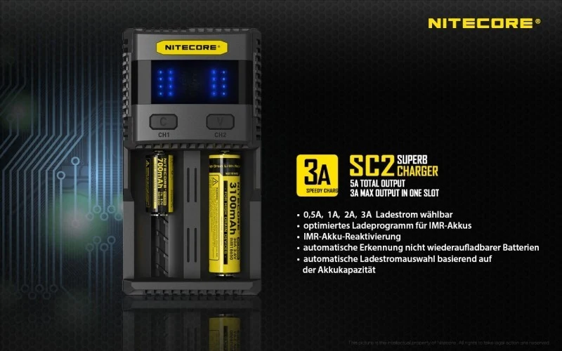 Nitecore SC2 SUPERB - 3A Zwei-Schacht-Schnellladegerät für Li-Ion, LiFePo, Ni-MH Akkus