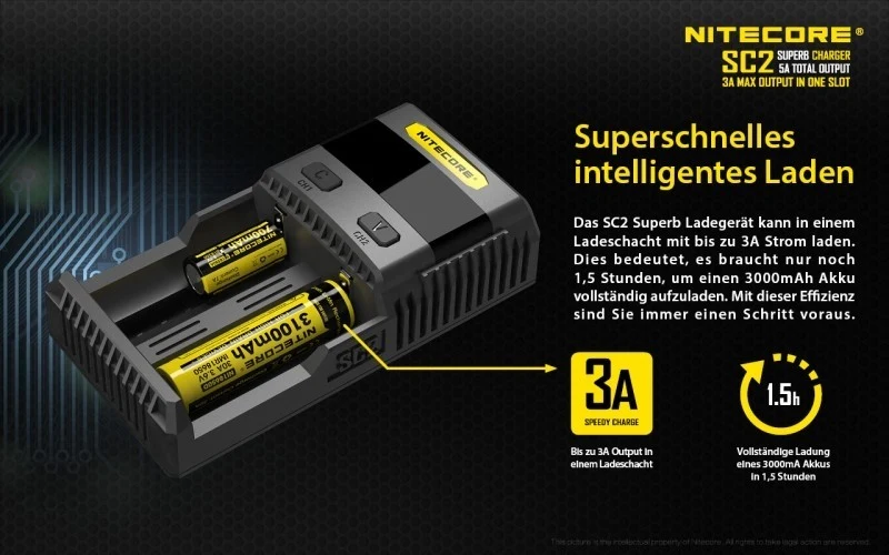 Nitecore SC2 SUPERB - 3A Zwei-Schacht-Schnellladegerät für Li-Ion, LiFePo, Ni-MH Akkus
