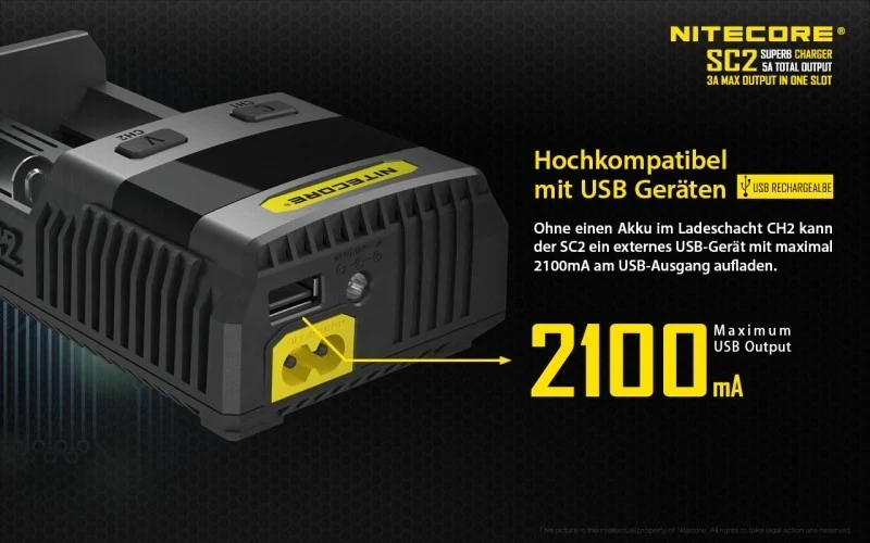 Nitecore SC2 SUPERB - 3A Zwei-Schacht-Schnellladegerät für Li-Ion, LiFePo, Ni-MH Akkus