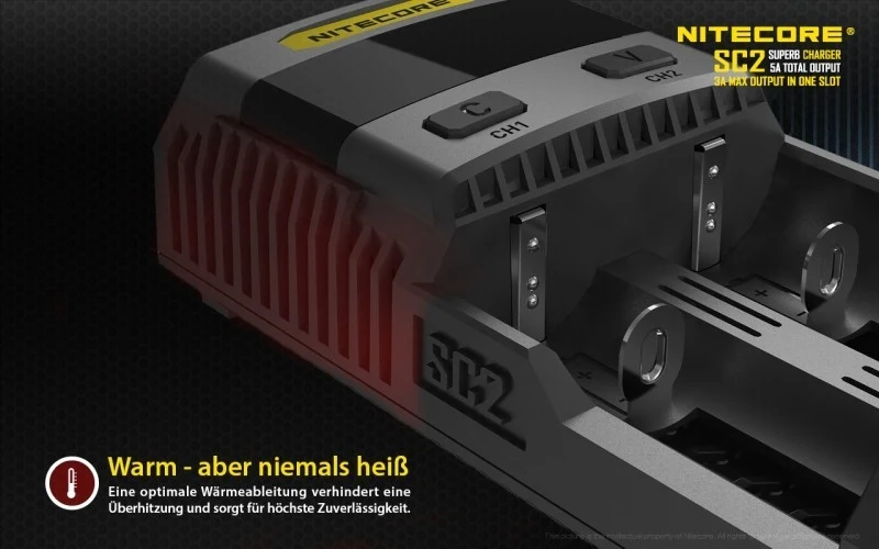 Nitecore SC2 SUPERB - 3A Zwei-Schacht-Schnellladegerät für Li-Ion, LiFePo, Ni-MH Akkus