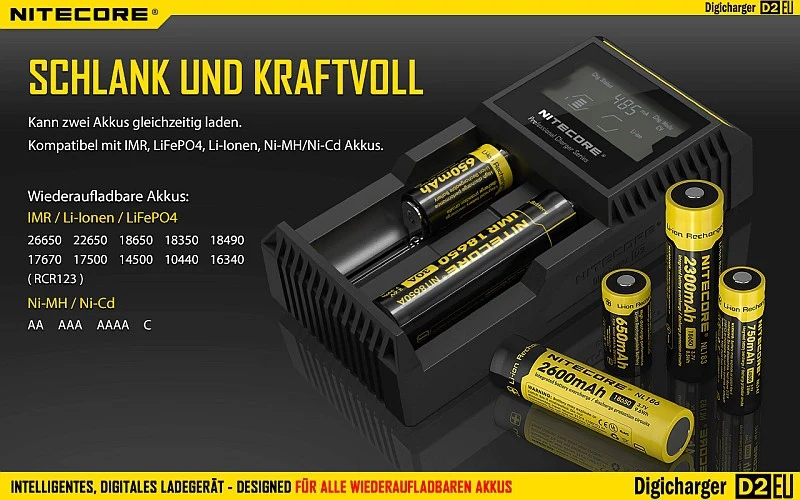 Nitecore Digicharger D2 EU - Ladegerät für Li-Ion, Ni-MH, Ni-CD und LIFePo4 Akkus