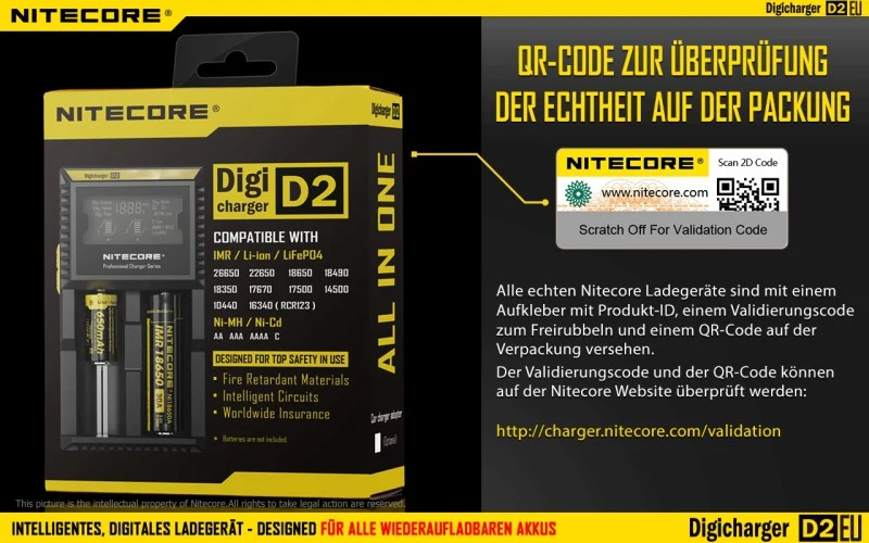Nitecore Digicharger D2 EU - Ladegerät für Li-Ion, Ni-MH, Ni-CD und LIFePo4 Akkus