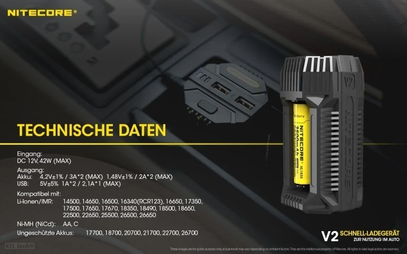 Nitecore V2 KFZ Ladegerät für Li-Ion und NIMH Akkus