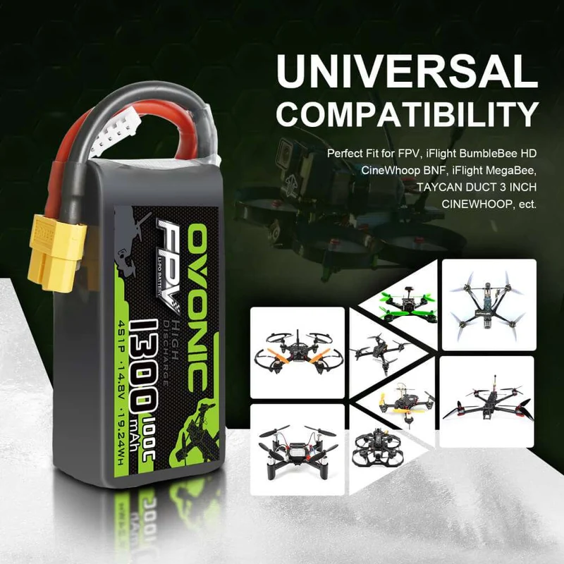 Ovonic 100C 4S 1300 mAh LiPo-Akku 14,8 V mit XT60-Stecker für FPV Protek 35 (4 St.)