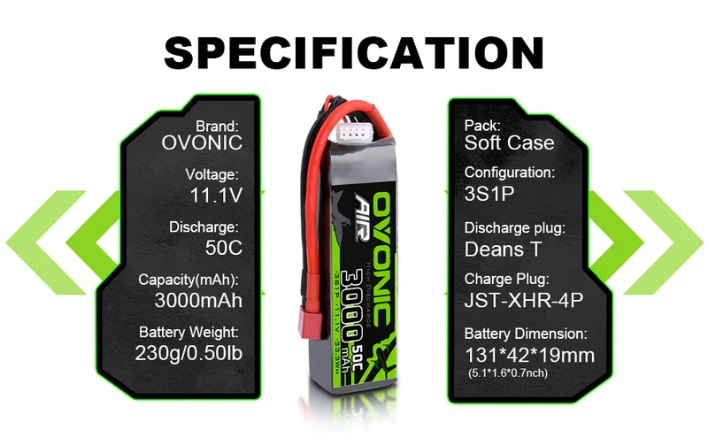 Ovonic 3S 3000mAh 50C 11,1V lang T-Stecker Lipo Akku (2 Stück)