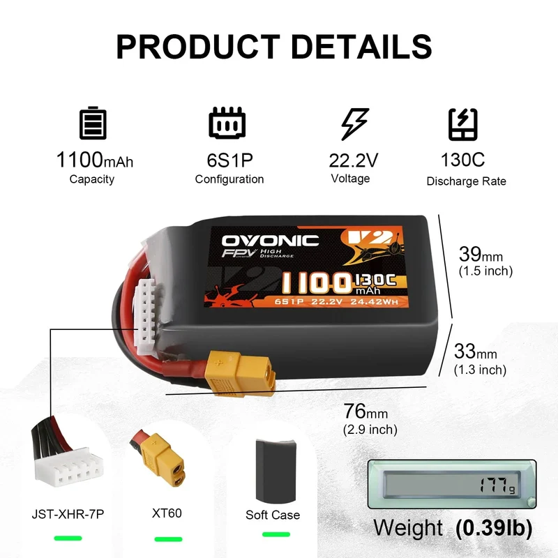 Ovonic 6S 1100mAh 130C 22,2V XT60 Lipo Akku Pack (2 St.)