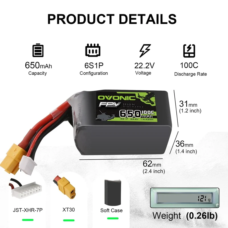 Ovonic 6S 650mAh 100C 22,2V XT30 LiPo Akku Pack (2 St.)