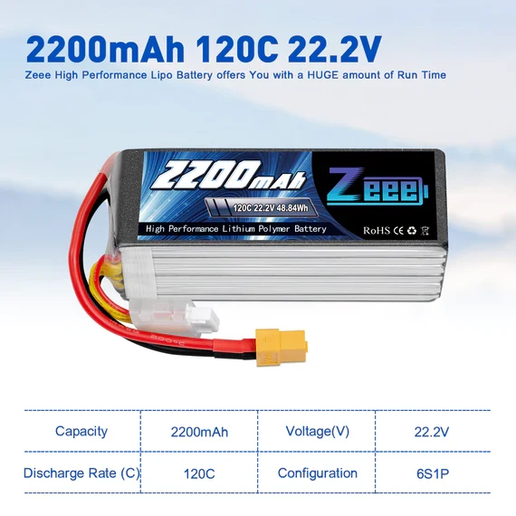 Zeee 6S 2200mAh 22.2V 120C XT60 Lipo Akku (2 Stück)