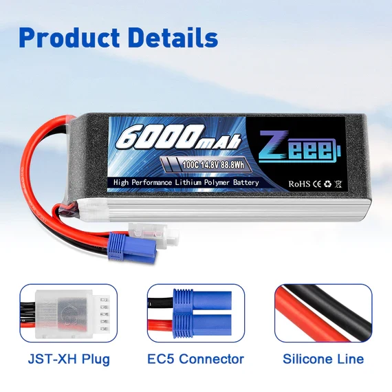 Zeee 4S 6000mAh 14,8V 100C EC5 Lipo Akku (2 Stück)