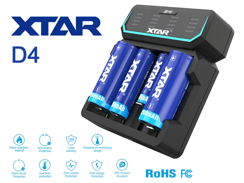Xtar D4 – Vier-Schacht Ladegerät für Lithium Ionen Akkus mit integriertem Netzteil