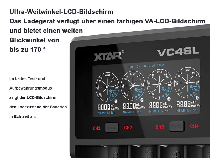 Xtar VC4SL QC3.0 - Ladegerät für Li-Ion 3,6V - 3,7V und NIMH 1,2V Akkus