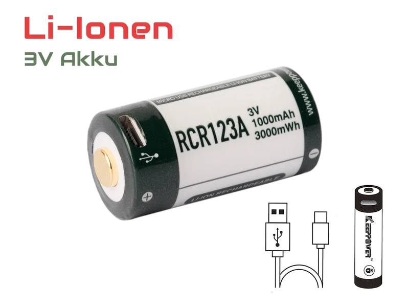 Keeppower RCR123A - 3V - 1000mAh Lithium Ionen Akku (Wiederaufladbar über micro USB)