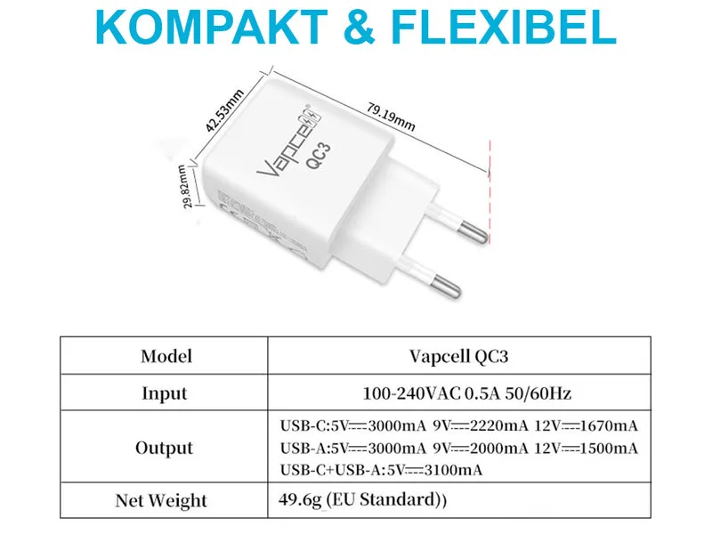 USB-Netzteil Vapcell QC3 5V-3A / 9V-2A / 12V-1,67A Quick Charge