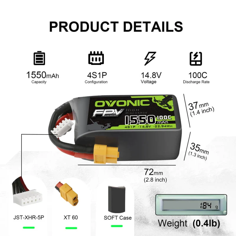 Ovonic 4S 1550mAh 100C 14.8V XT60 LiPo Akkupack