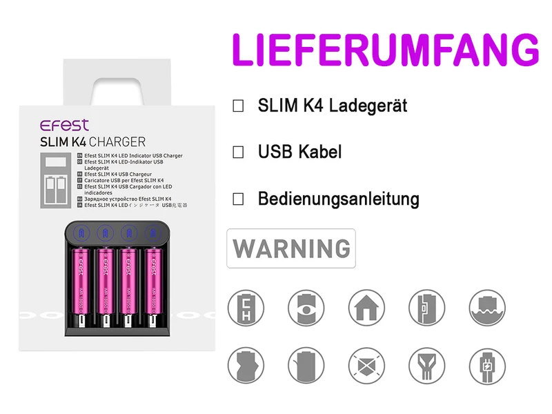 Efest SLIM K4 Ladegerät für Li-Ionen 3,6V - 3,7V Rundzellen Wiederaufladbar