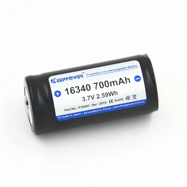 Keeppower 16340 - 700mAh, 3,7V Li-Ionen-Akku (BMS/PCB geschützt)