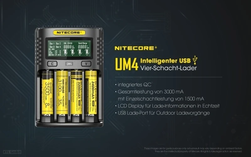 Nitecore UM4 USB-Ladegerät QC 2.0 für Li-Ion Akkus