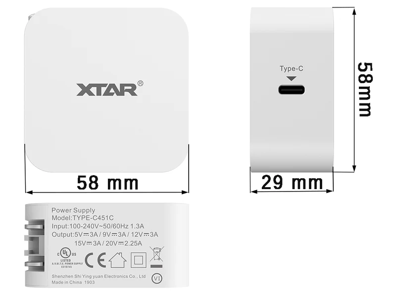 USB-PD Netzteil von XTAR Ausgang: 20V/2.25A, 15V/3A, 12V/3A 9V/3A, 5V-3A