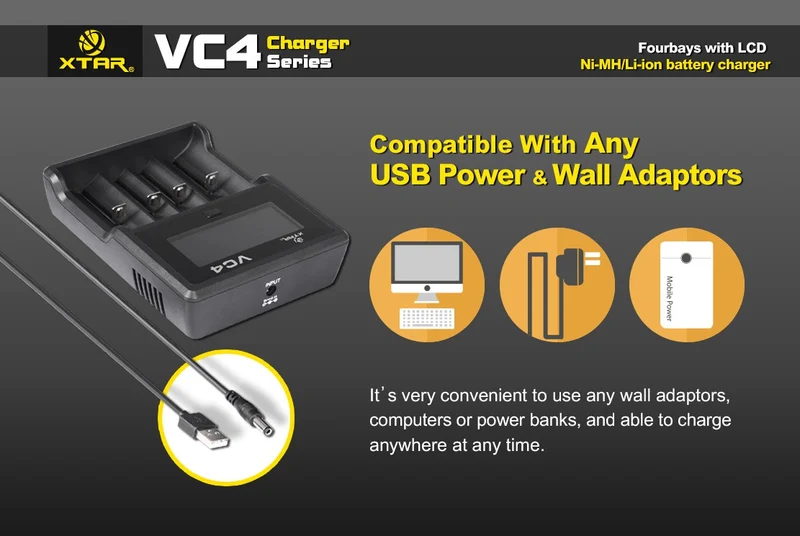 Xtar VC4 - Ladegerät für Li-Ion 3,6V - 3,7V und NIMH Akkus + USB-Kabel