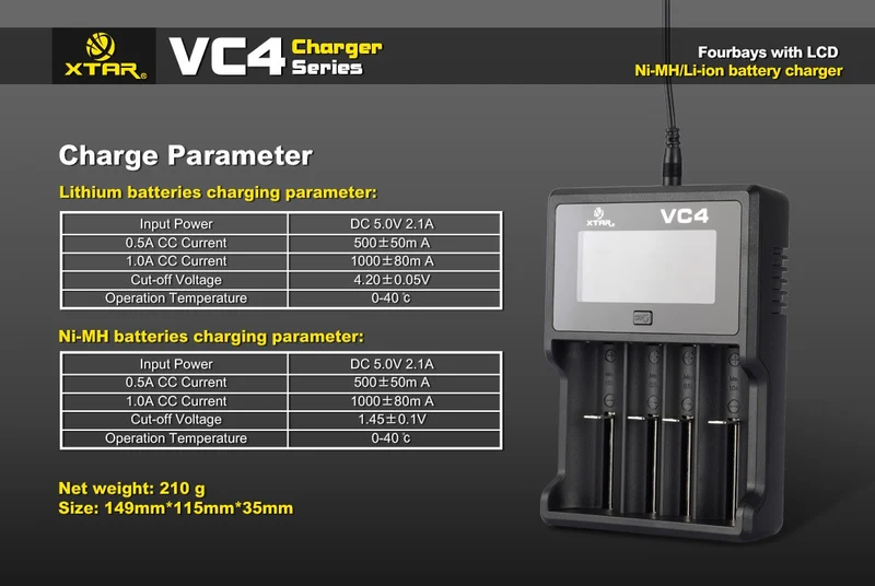 Xtar VC4 - Ladegerät für Li-Ion 3,6V - 3,7V und NIMH Akkus + USB-Kabel