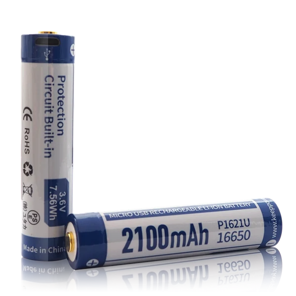 Keeppower 16650 - 2100mAh, Li-Ion 3,7V - 3,6V - PCB geschützt mit USB Lademöglichkeit P1621U