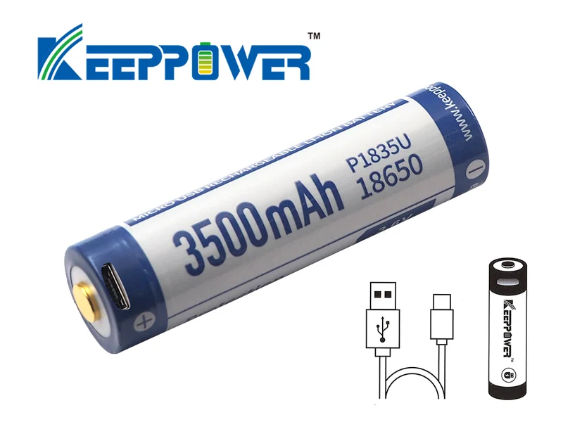 Keeppower 18650 - 3500mAh, Li-Ionen 3,7V - 3,6V - PCB geschützt mit USB Lademöglichkeit P1835U