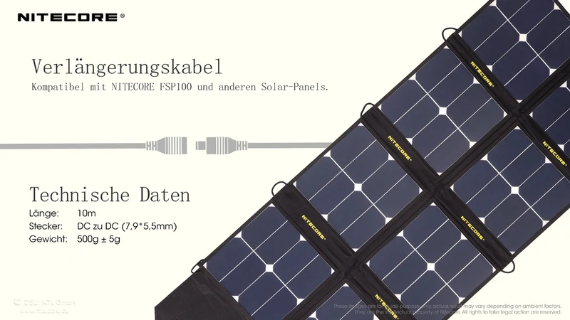 10M Nitecore Verlängerungskabel für Solarpanel, Parallelkabel für Nitecore FSP100 und andere Solar-Panels, 10 Meter, ohne Y