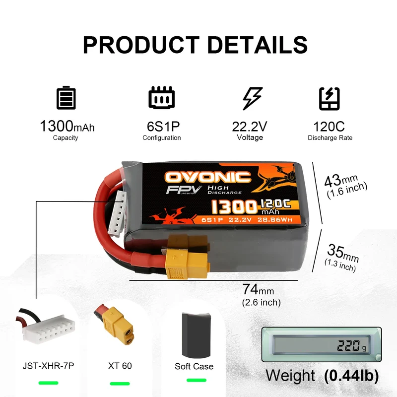 Ovonic FPV 6S 1300mAh 120C 22,2 V LiPo-Akku für FPV Racing XT60 (4 St.)