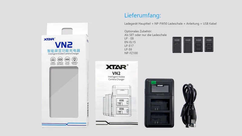 Xtar VN2 Kamera Ladegerät für Li-Ionen Akkus + NP-FW50 SONY Alpha, Cyber Shot