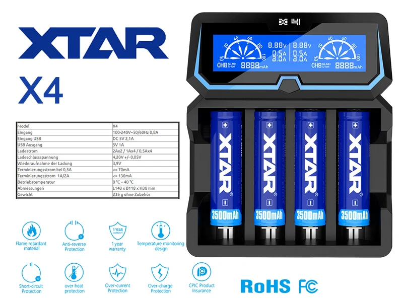 Xtar X4 – Vier-Schacht Ladegerät für Lithium Ionen und Ni/MH Akkus