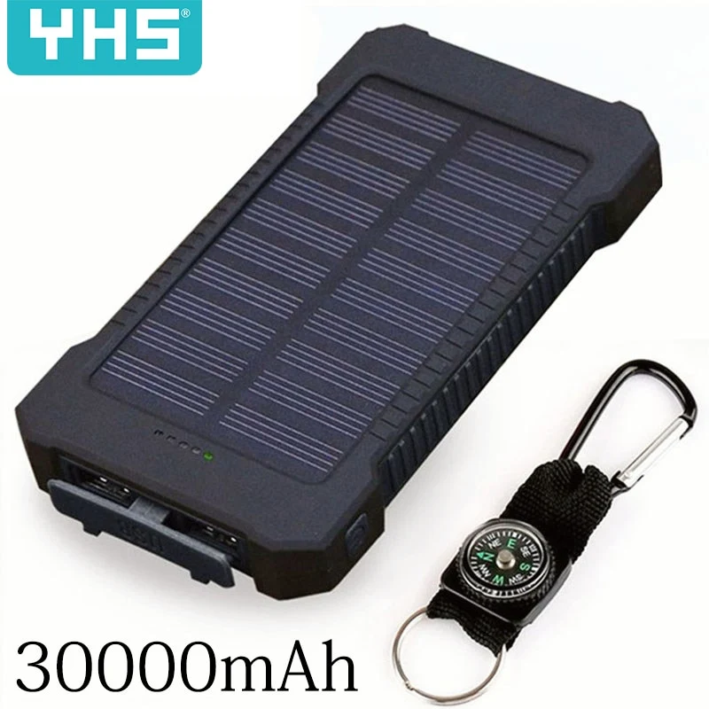 Solar Power Bank Waterproof 30000mAh Solar Charger 2 USB Ports External Charger Powerbank for Xiaomi Smartphone with LED Light